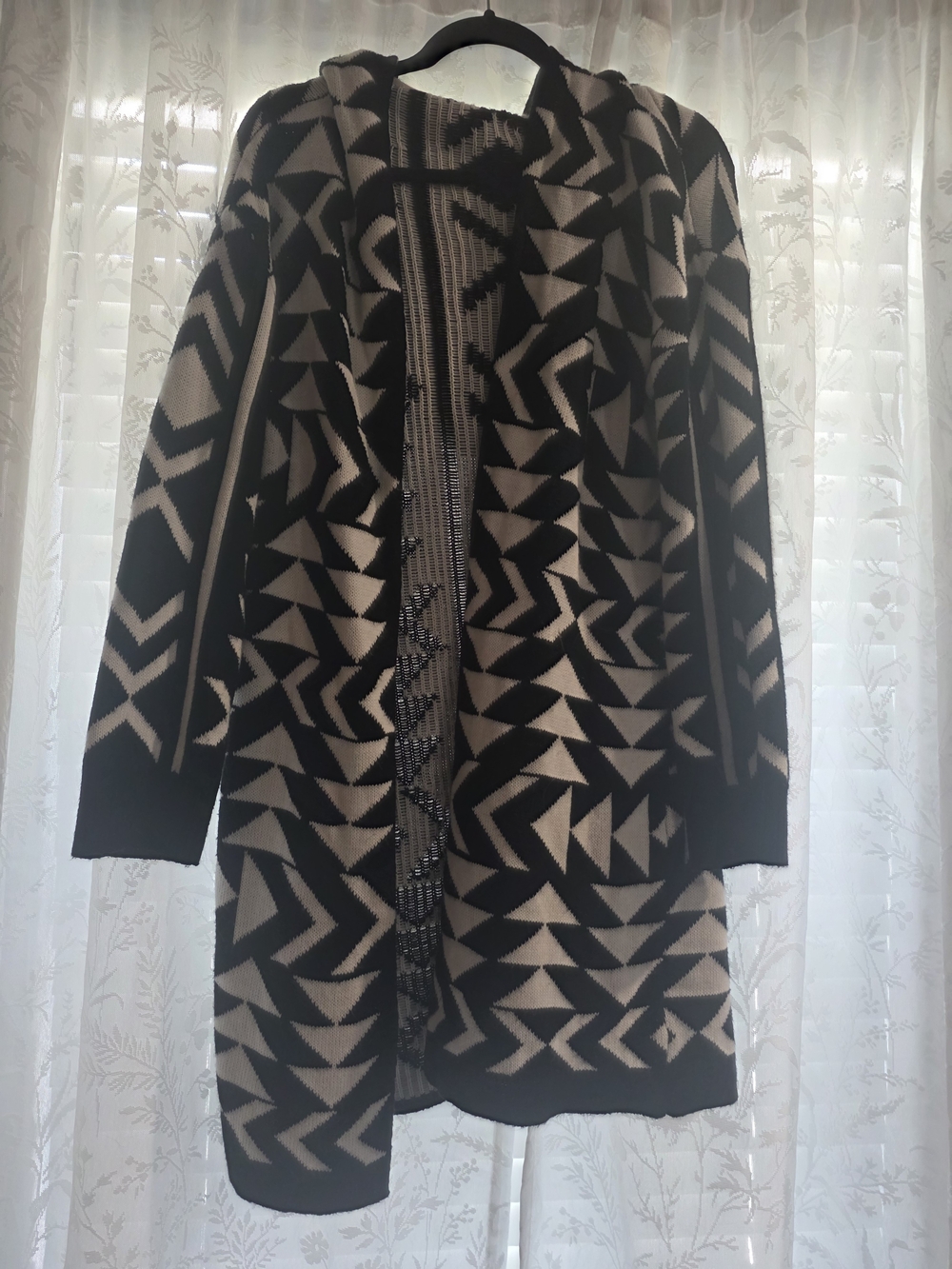 Black Cream Geometric Long Cardigan Duster Open Front Knit